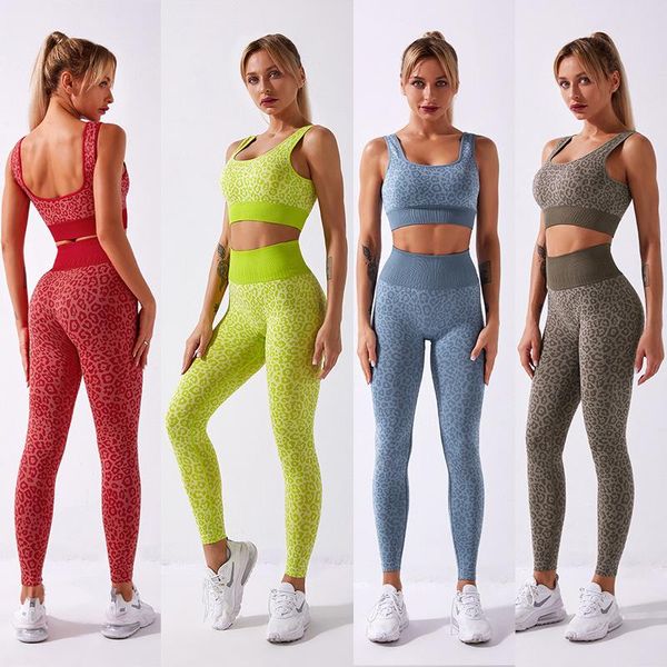 

2pcs seamless women yoga set sport suit tracksuit female gymwear fitness leopard bra high waist leggings sportswear, White;red