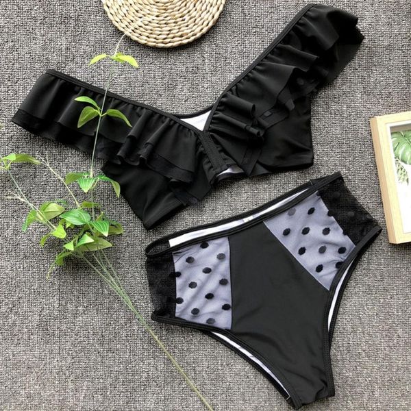 

ladies dot ruffled high waist mesh bikini split swimsuit sizem, White;black