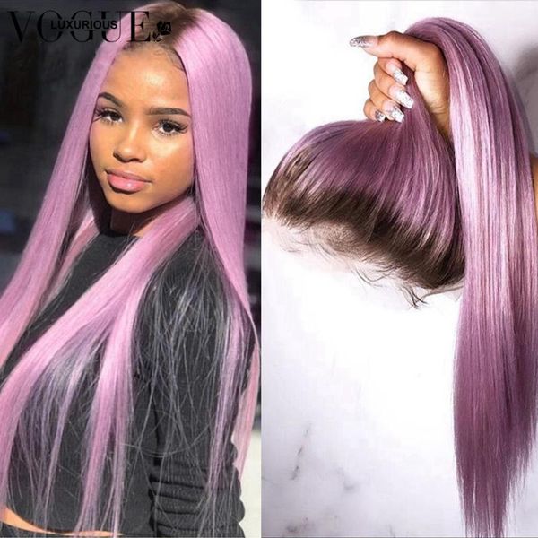 

luxurious straight ombre pink lace front wig brazilian remy purple grey human hair wig glueless transparent lace wigs for women, Black;brown