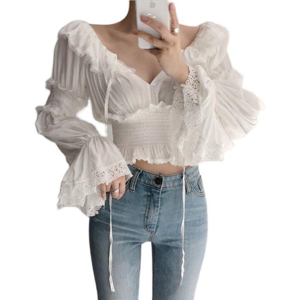 

blouse women autumn korean style chic v-neck off shoulder flare sleeve blouse shirt elastic waist short blusas 2021 a5014, White
