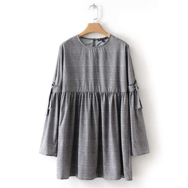 

women's spring new grey plaid flared sleeve crew neck dress doll skirt, Black;gray