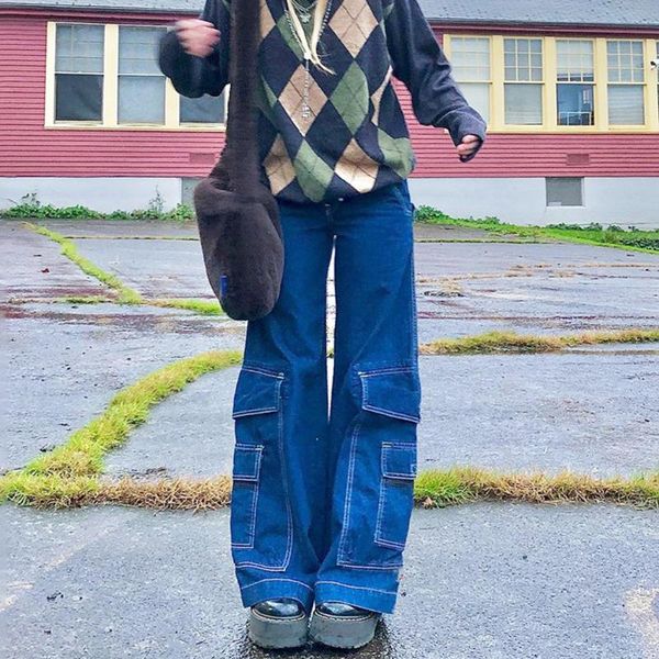

women's jeans missnight baggy cargo pants denim woman high waist women flare big pockets streetwear vintage, Blue
