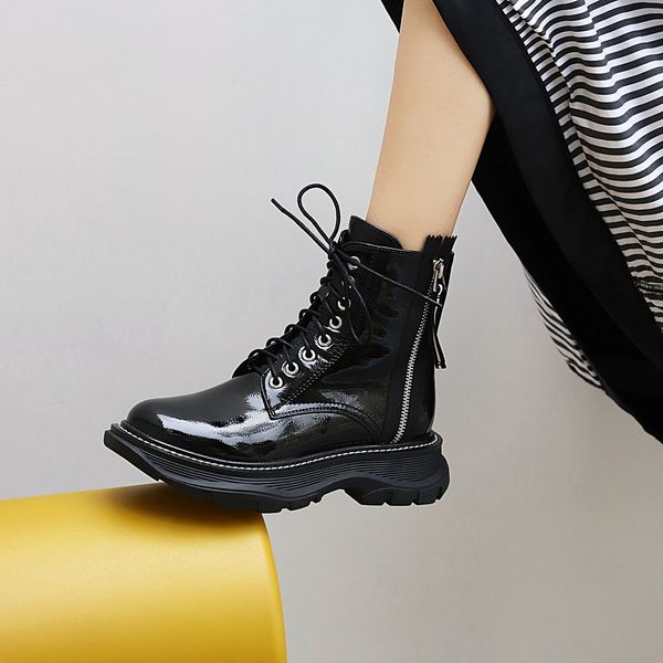 

2020 ankle women leather shoes platform side heels simple fashion zippers and versatile thick boots yykz, Black