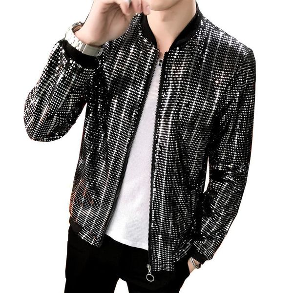 

2021 spring men's jacket personality baseball collar sequin nightclub style handsome jacket / fashion bar party men's coat, Black;brown