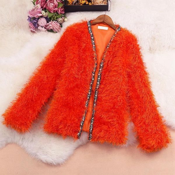 

women 2021 autumn winter faux fur coat jacket female new fashion v-neck long sleeve outerwear elegant casual hairy overcoat c2271, Black