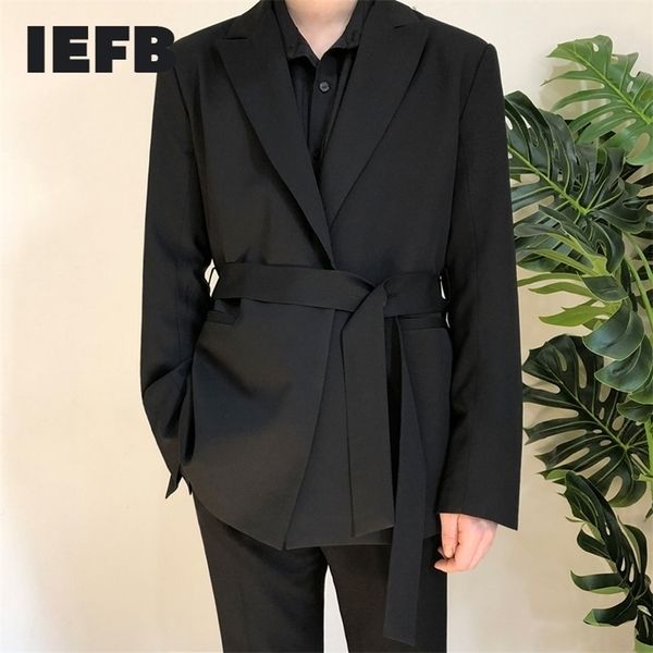 

iefb /men's wear autumn casual black suit loose coat self-cultivation trend handsome small blazers with belt design 9y90001 201104, White;black