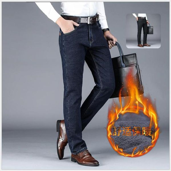 

men's jeans plush heavy business straight tube slim elastic casual pants winter warm 28-42 large, Blue