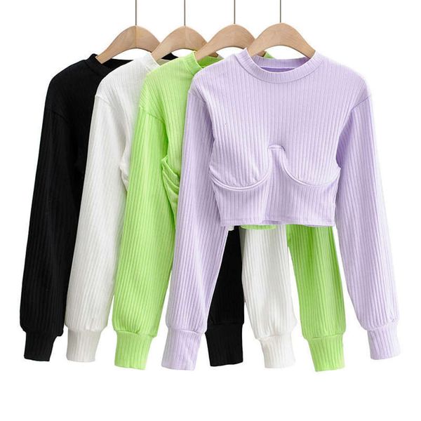 

round 2020 new autumn / winter style neck shaped chest ring long sleeve t-shirt short for women, Black;gray