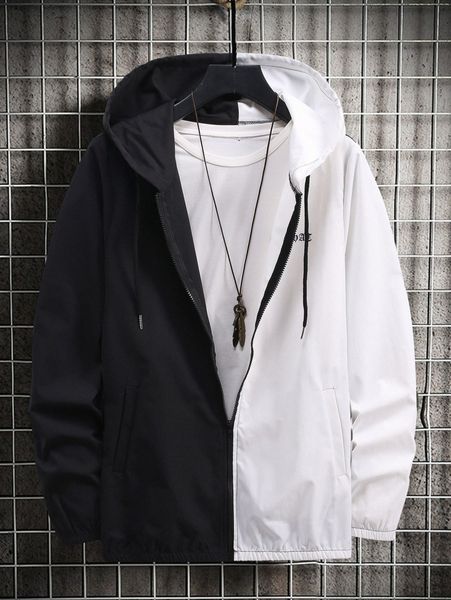 

men two tone drawstring hooded jacket j9pv#, Black;brown