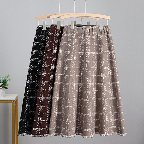 

luxury jacquard knitted women midi skirt autumn winter thick warm a line skirt high waist plaid patern sweater skirts, Black