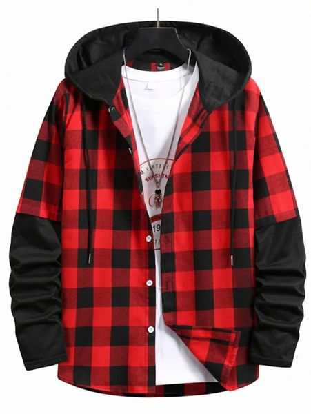

men gingham drawstring hooded shirt y1v0#, White;black