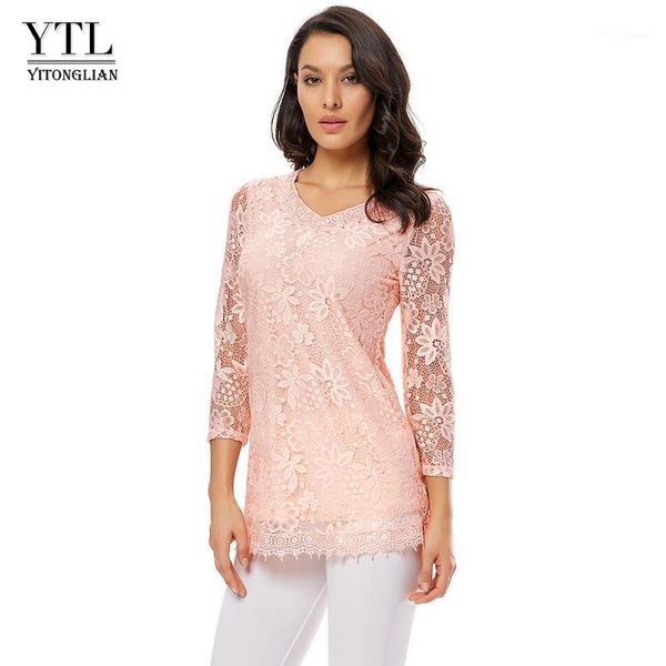 

new women lace blouse three quarter sleeve floral vintage round neck pink blusa shirt ladies plus size blouses h0091, White