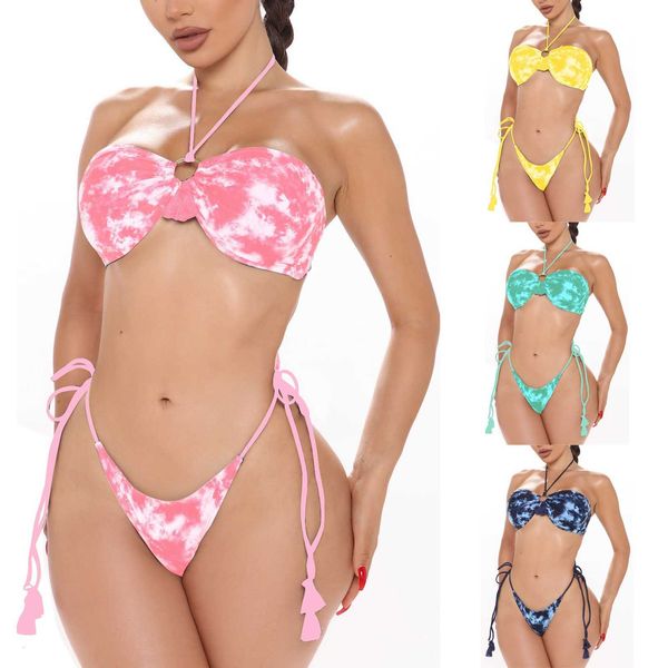 

women's split tie-dye print swimsuit with under open back swimwear bikini set padded bathing suit swim wear lady, White;black