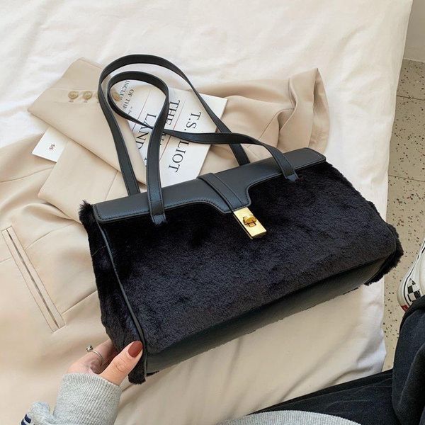 

shine long handles shoulder bag fashion trending portable winter warm plush women totes bag big capacity lady shoulder