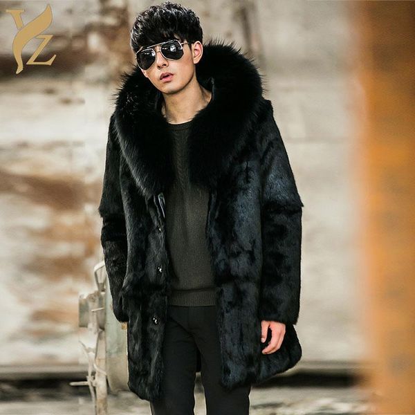 

men's leather & faux fashion fur coats with raccoon dog collar warm hood wholeskin jacket men winter clothes capped 2021, Black