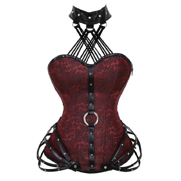 

women burlesque corset underbust bustier collar corset gothic shapewear waist slim christmas zipper steel bone 2xl red, Black;white