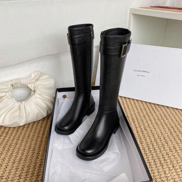 

boots bottes femme 2021 winter riding women's shoes genuine leather metal buckle keep warm thigh high boots1, Black