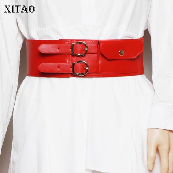 

XITAO Sequined Patchwork Cummerbunds Women Fashion New Style Pocket Button Match All Slim Personality Slim Elastic Waist ZY4445, Black;brown