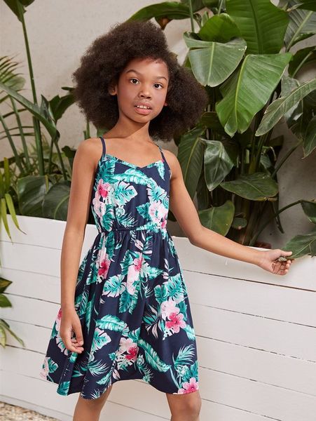 

girls tropical print cami dress she01, Red;yellow