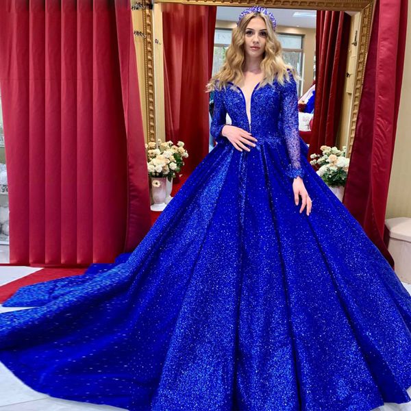 Paillettes Royal Blue Abiti Quinceanera con spalle scoperte Sweet 15 Appliques in pizzo Abiti da ballo con pieghe Abito da spettacolo 326 326