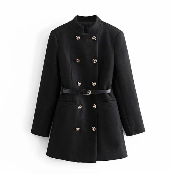 

2021 new winter women vintage belted double breasted pocket long sleeve frock black coat woman office wear cuys