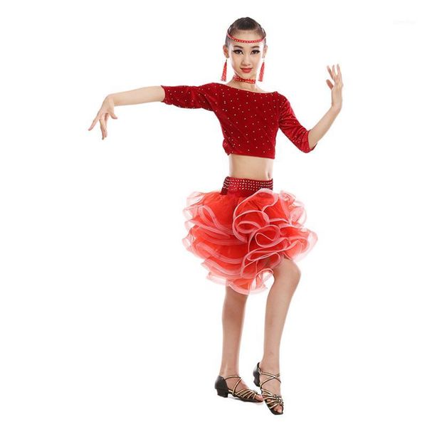 

velvet ruffle dance skirt for girls children kids latin dance dress practice ballroom competition tango rumba salsa dancing set1, Black;red