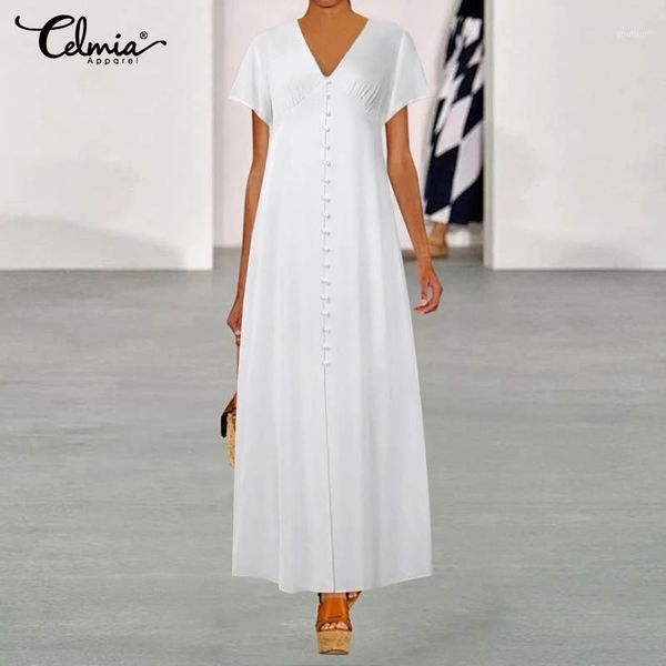

casual dresses 5xl celmia women summer maxi long dress oversized elegant sundress slim v neck plus size beach buttons vestidos1, Black;gray