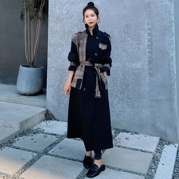 

2021 new female blouse spring new fall long casual lapel double breasted straight trench seam coat9 qprw, Black;brown