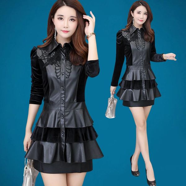 

women's trench coats 2021 spring autumn long-sleeve long pu leather outerwear casual thin black women turn-down collar slim coat v746, Tan;black