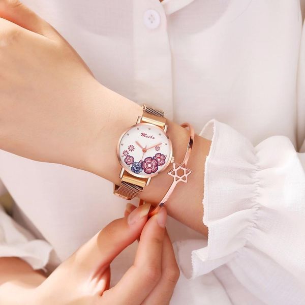 

fashion women magnet buckle flower watch luxury ladies rose stainless steel quartz watch for dropshipping clock wmtjhz, Silver