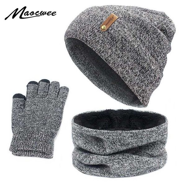 

beanies hat ring scarf gloves set winter knitted thick warm cap women men solid retro beanie hat soft touch screen gloves y201024, Blue;gray