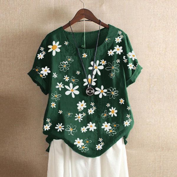 

plus size fashion daisy print blouse cotton linen o-neck casual summer ladies female women short sleeve blusas pullover, White