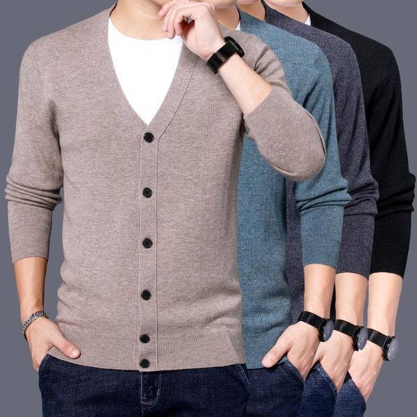 

cardigan men 100% cashmere thickened warm sweater coat casual winter knitted v-neck man pure wool cardigans, White;black
