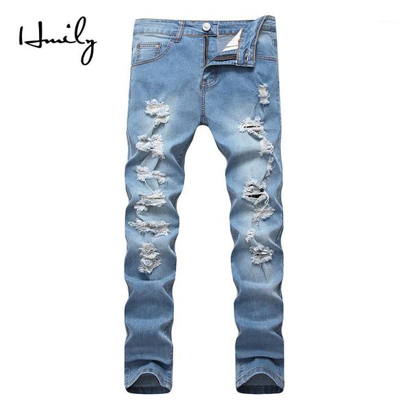 

hmily men skinny stretch denim jeans trousers distressed ripped freyed slim fit pants casual hole jeans, Blue