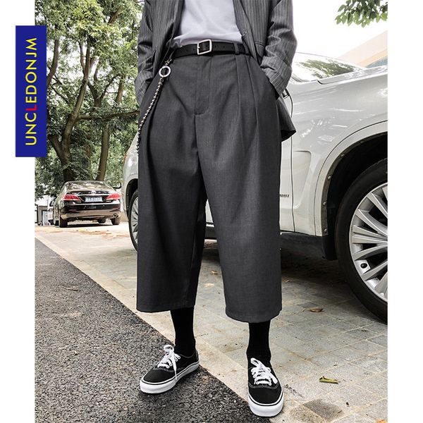 

uncledonjm 2020 men's summer trousers calf-length pants loose fit waist straight breathable solid casual trousers for yys-xk001 y1114, Black