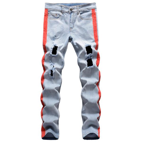 Hip Hop 4 Farbe Patchwork Jeans Männer 2021 Ripped Holes Slim Fit Jeans Hosen Männer Blau Rot Gelb Designer gerade Blau