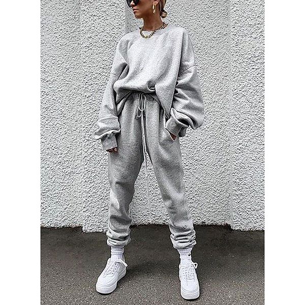

2021 new oversized set of two loose solid parts long sleeve-upper-neck neck cord total female length pants 2 piece outfit 1vvj, Gray