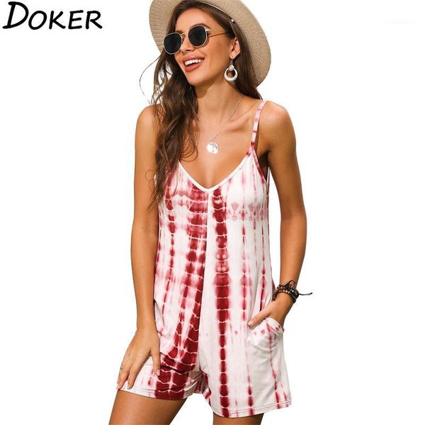 

2020 new women's summer fashion tie-dye print jumpsuit shorts casual loose v-neck beach rompers sleeveless bodycon playsuit1, Black;white
