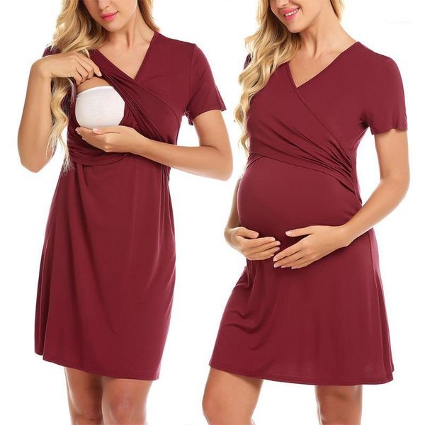 

fashion mother nursing dress summer short sleeve mini maternity dress slim fit women solid color casual breastfeeding d301, White