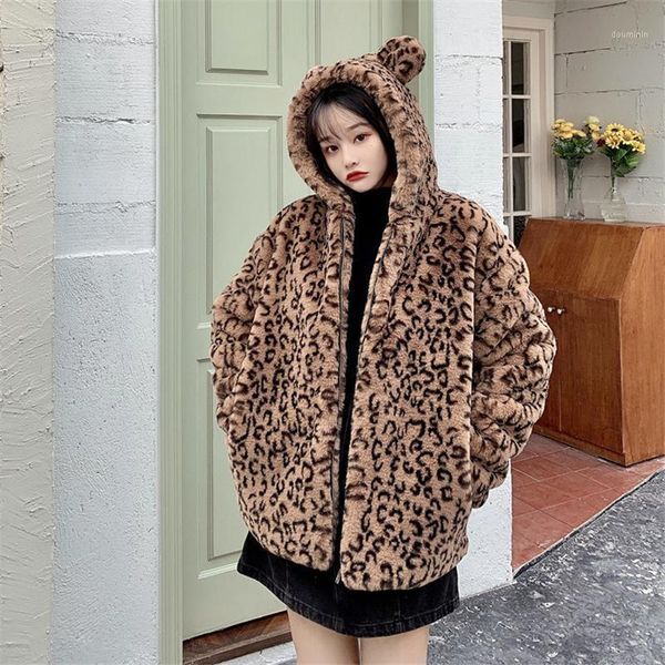

winter coat women 2020 new hooded leopard coat faux lamb fur jacket warm thick fashion loose plush ladies coats women jacket1, Black