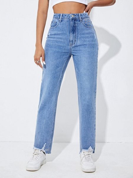 

high waist raw trim cat whisker grommet detail jeans m1yb#, Blue