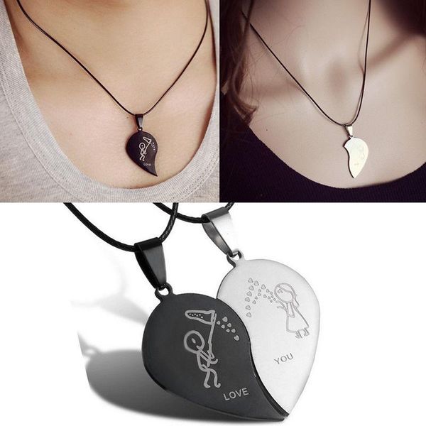 

1 pair broken heart pendant black cord necklace engrave love you choker necklaces, Silver