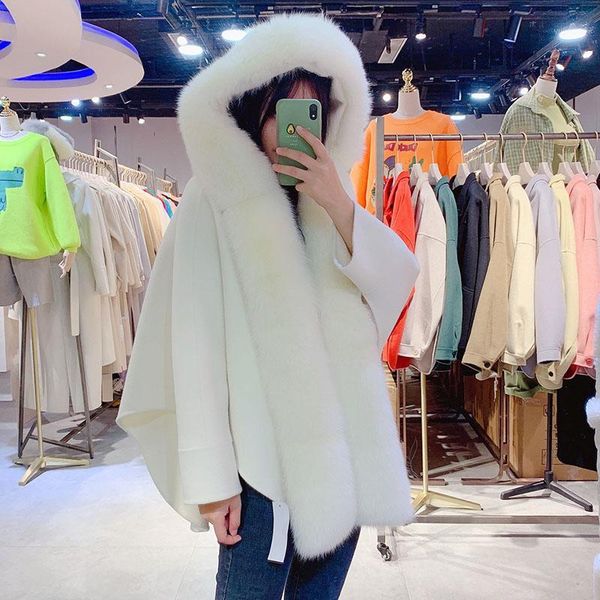 

2019 winter korea hooded cashmere poncho with luxury long fur trim female loose wool cape ladies warm fashion oversized shawl1, Black