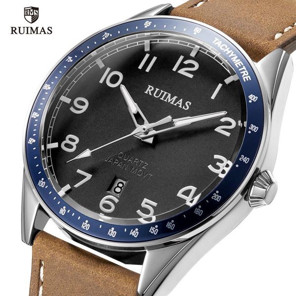

ruimas brown leather quartz watches luxury military sports watch man simple waterproof wristwatch relogios masculino clock 573, Slivery;brown