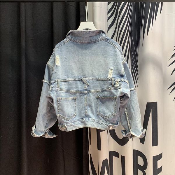 

2020 harajuku european style blue jean jacket women short denim jackets spring ripped hole loose coat korean new roupa feminina, Black;brown