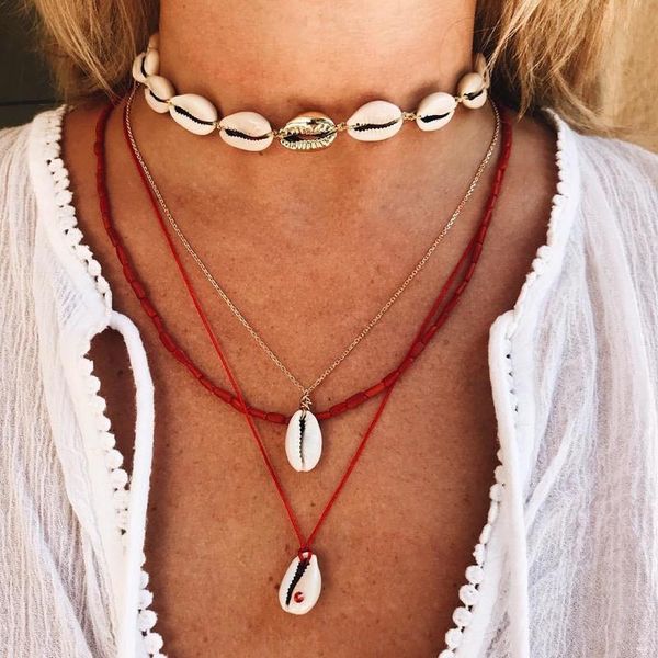 

pendant necklaces bohemian beach natural shell multilayer necklace red rope tassel clavicle chain choker for women neck jewelry, Silver