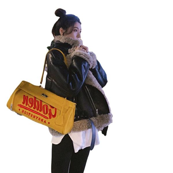 

women's wool & blends korean lapel imitation fur body locomotive leathe coats for women coat winter and jackets, Black