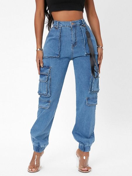 

sxy high waisted flap pocket tape detail cargo jeans p3tj#, Blue