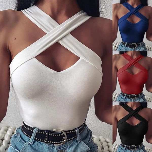 

2020 new women beach fashion cross sleeveless strapless cutout solid vest blouse hollow shirt, White