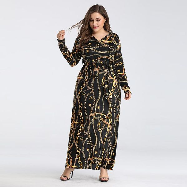 

spring autumn new arrival women maxi dresses v-neck long sleeve sashes womens fashion iron chain print long party dress, Black;gray